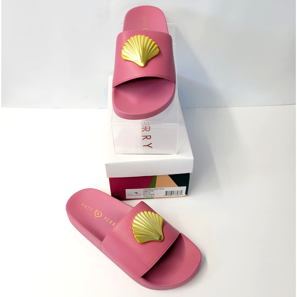 Katy Perry Pool Slide Shell Shoes Womens Size 7M Dark Pink Gold Seashell Sandals - Picture 2 of 12